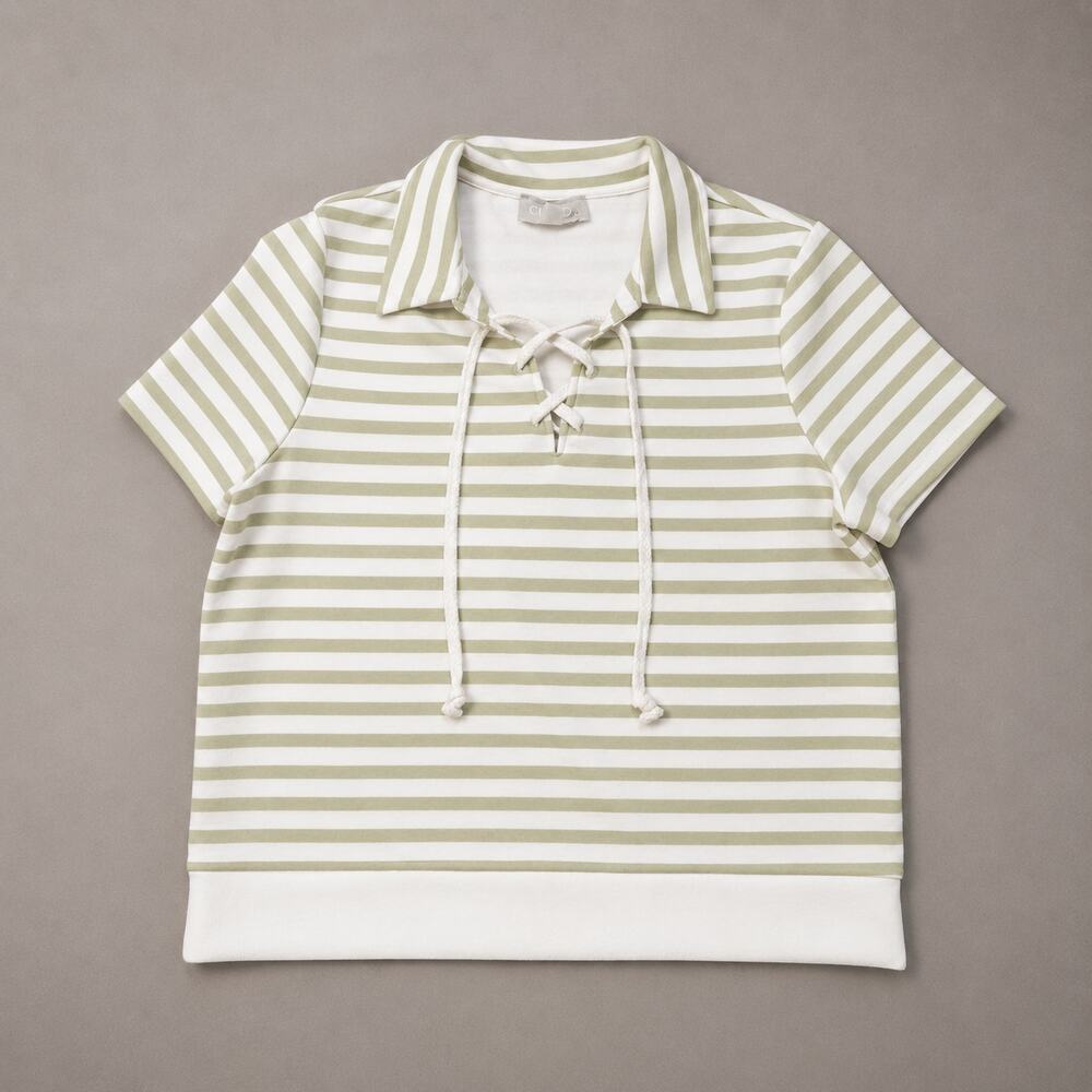 Women's | Striped Lace Up Neck Top -Casual Back to School -Olive Green - Size L